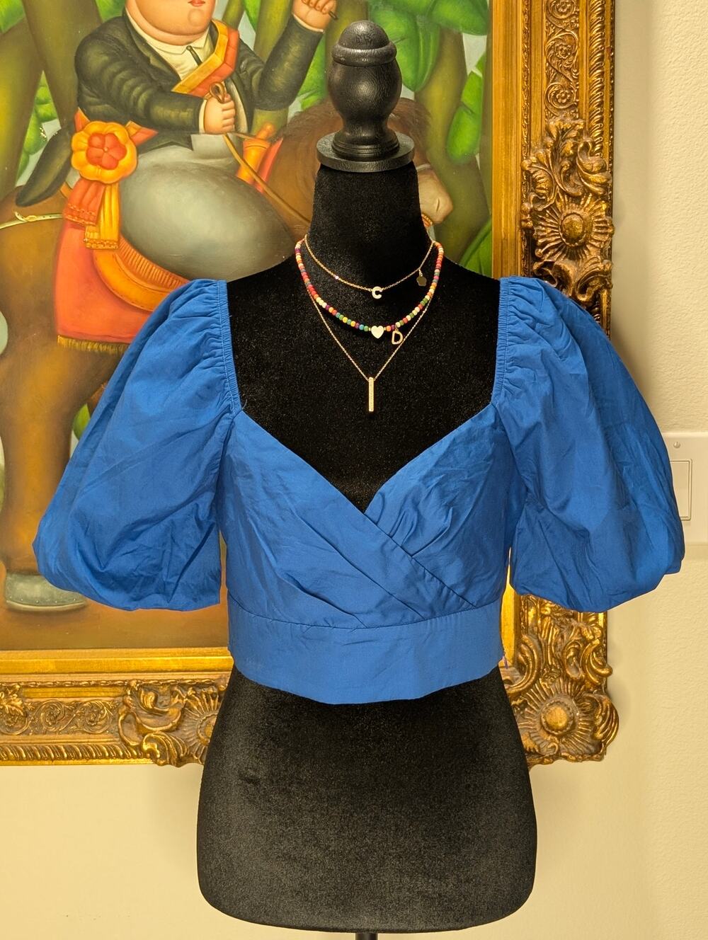 TCEC Plutina Royal Blue Puff Sleeve Crop Top NWT Surplice Smocked Women Med Boho